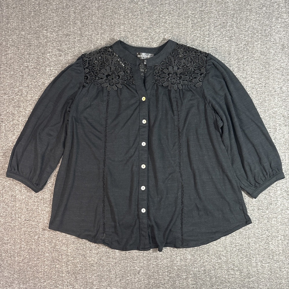 Black Embroidered Crochet Tunic Top Blouse Button Up 3/4 Balloon Sleeves Boho 1X